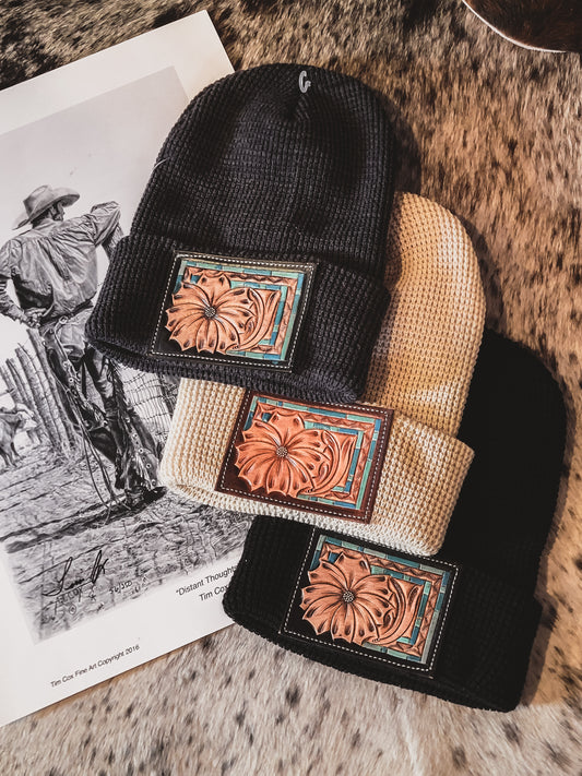 Daisy Leather Patch Beanie